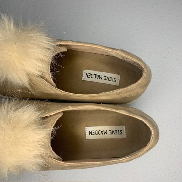 Steve Madden Poof Faux Fur Tan Platform Slip-On Loafers Shoes Suede-Like - Sz 9 - Picture 4 of 8
